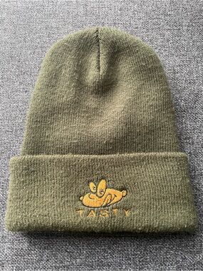 Olive Green Knit Beanie with Yellow 'Tasty' Embroidered Logo